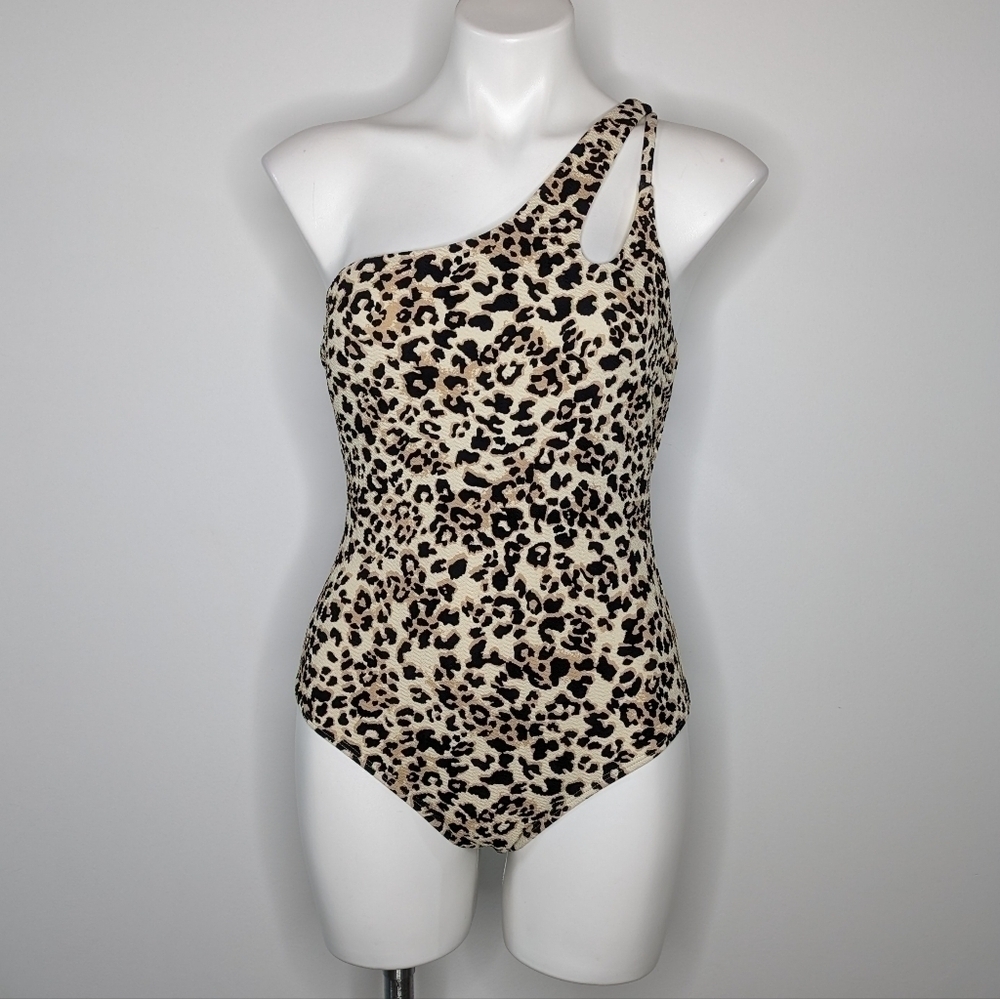 Ibiza black tan cheetah leopard print one shoulder one piece swimsuit L